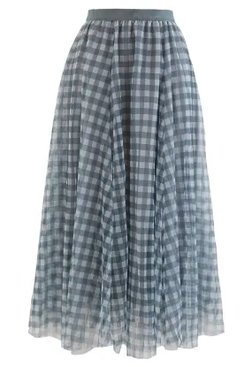 Gingham Doppellagiger Mesh-Tüll-Midirock in Grün