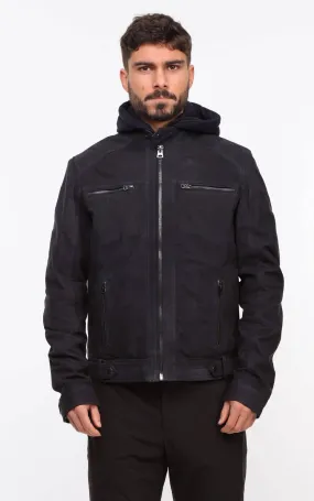 Marineblaue &bdquo;Philippe&ldquo;-Lederjacke fur Herren mit Kapuze