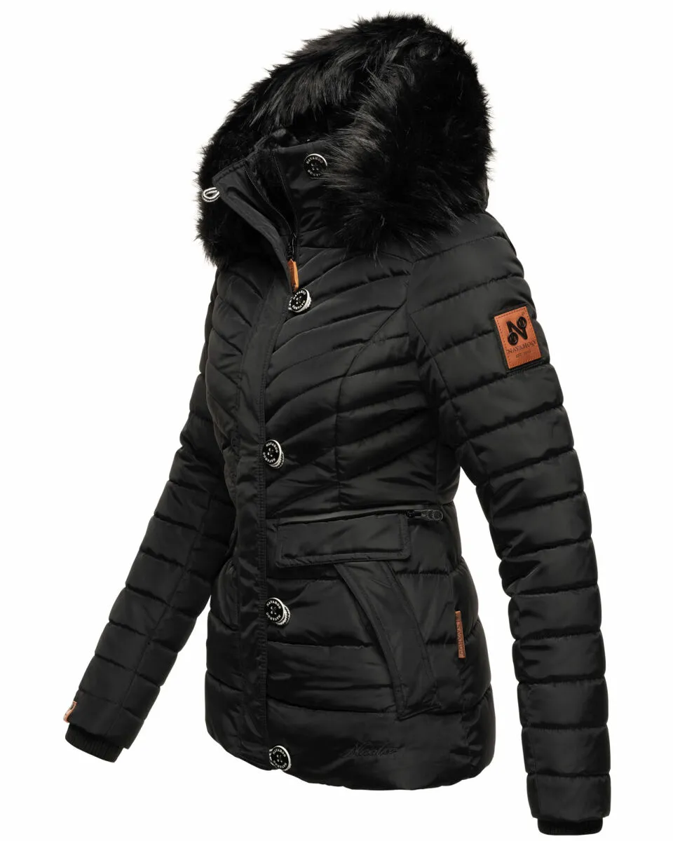Navahoo Wisteriaa ladies winter hooded quilted jacket with fur collar Schwarz-Gr.S