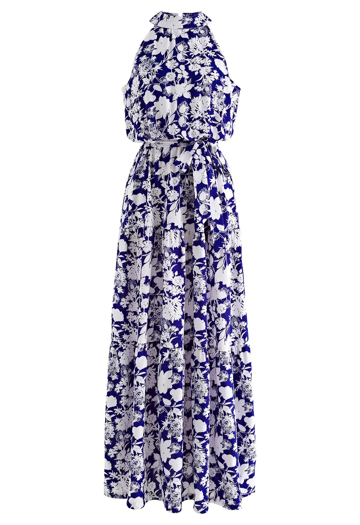 Neckholder-Maxikleid mit Taillenschnürung und Indigo-Blumenmuster